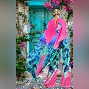 Pink Peacock Luxury Two Piece Set Pants & Kimono Duster Kaftan Swimsuit Coverup.